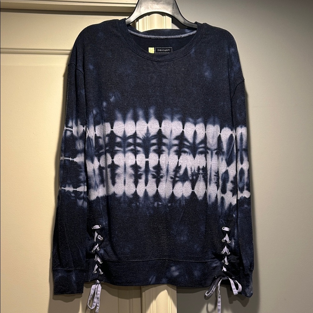 Navy and White Tie-Dye Sweater with Side Ties